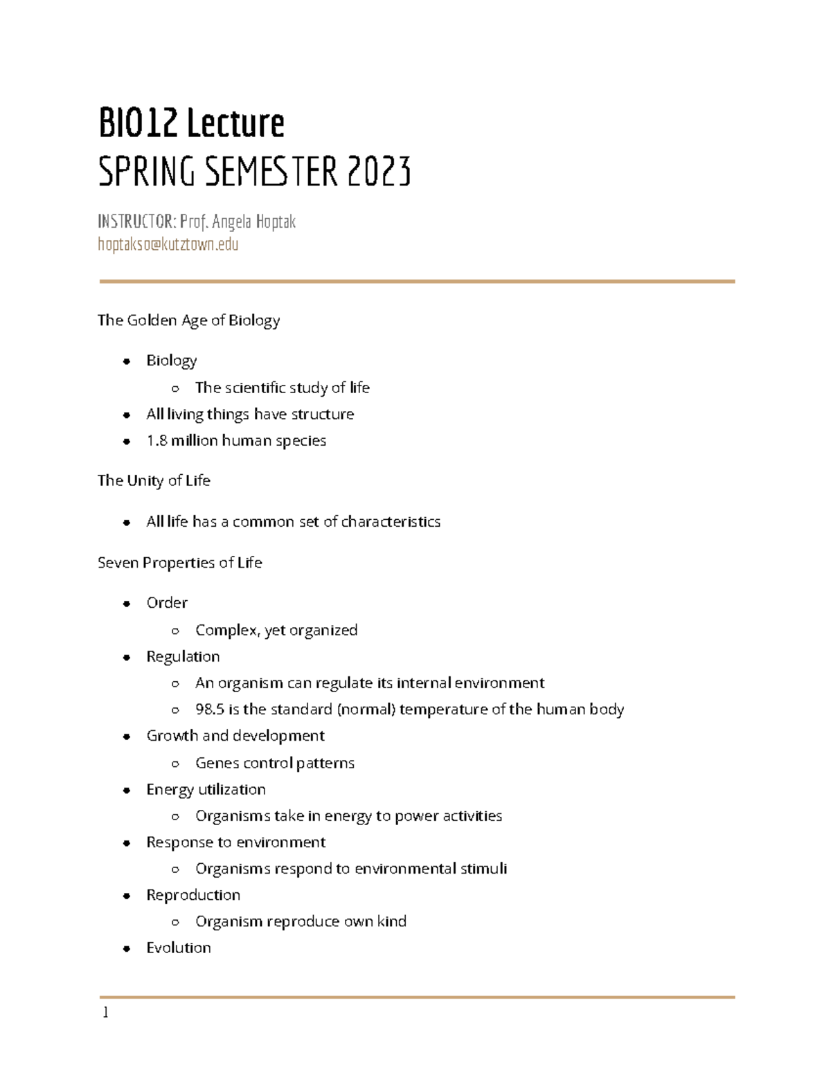 BIO12 Lecture Notes - BIO12 Lecture SPRING SEMTER 2023 INSTRUCTOR: Prof ...