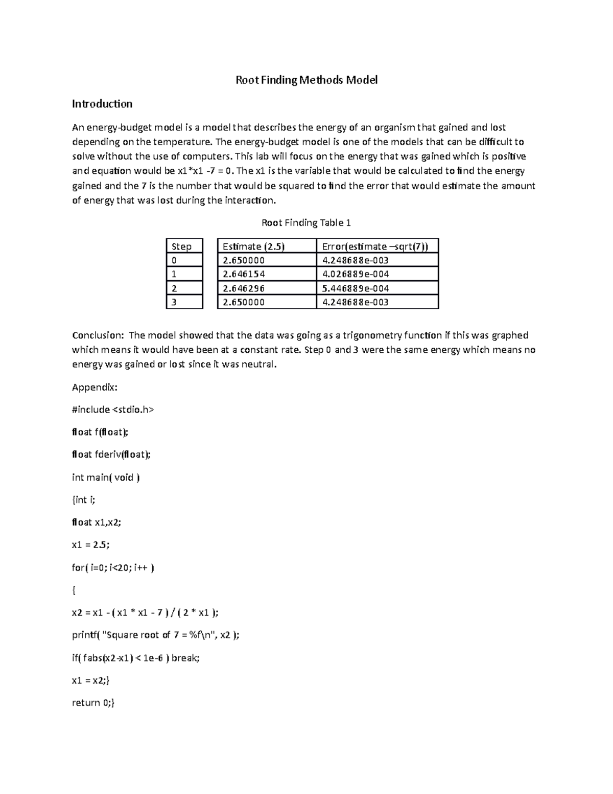 Lab 8 Solution to lab 8 Root Finding Methods Model Introduction An