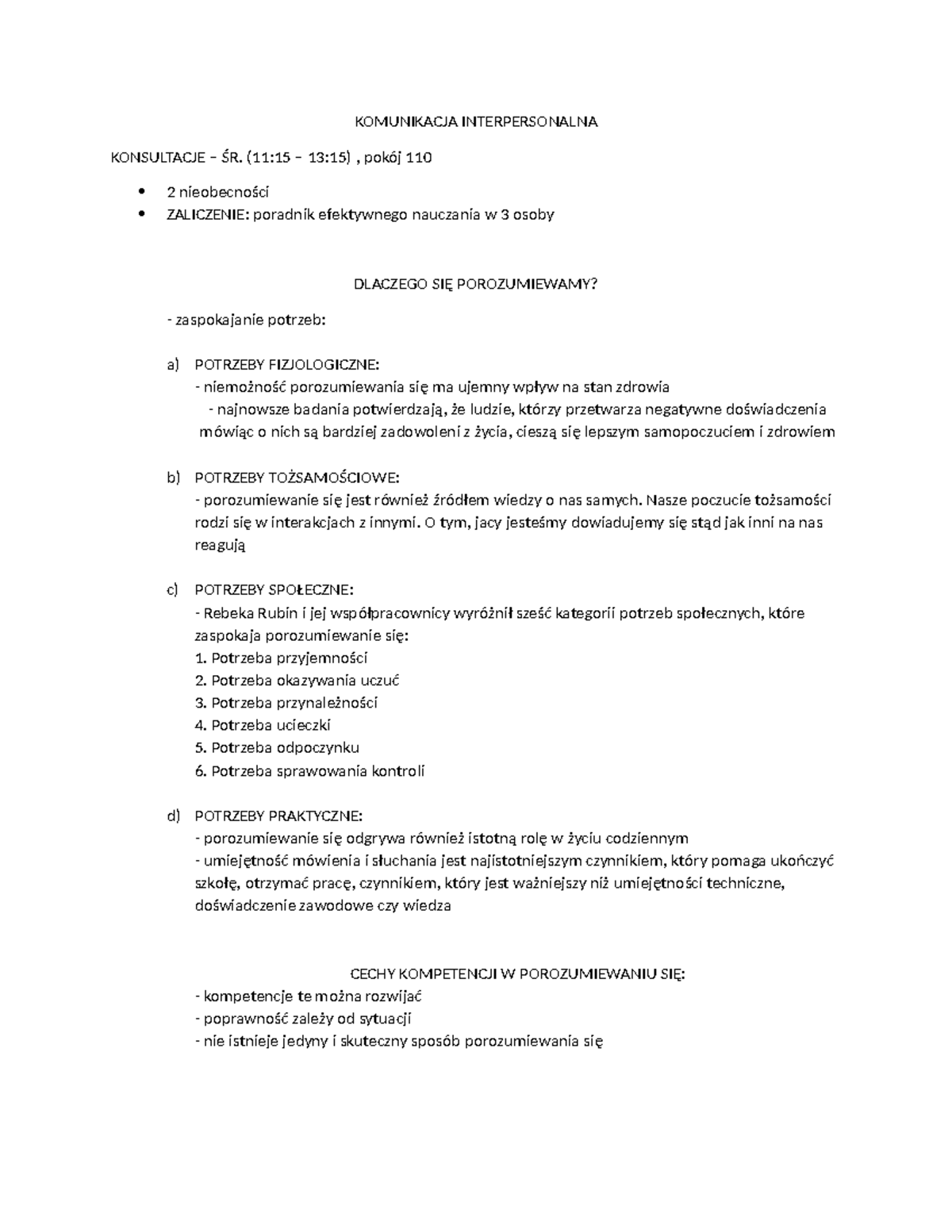 Komunikacja interpersonalna 1 - KOMUNIKACJA INTERPERSONALNA KONSULTACJE