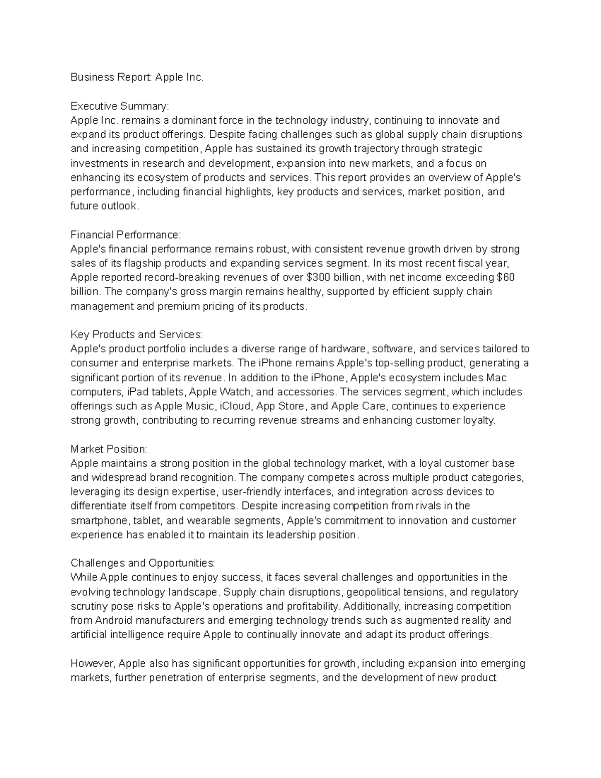Studoc-business report - Business Report: Apple Inc. Executive Summary: Apple Inc. remains a ...