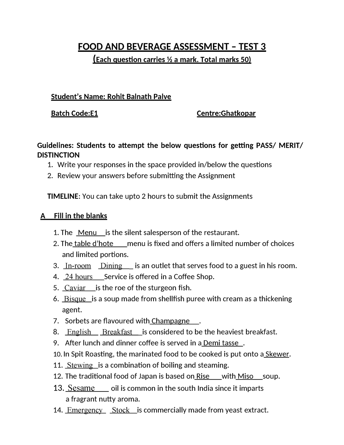 FOOD AND Beverage Assessment TEST - FOOD AND BEVERAGE ASSESSMENT – TEST ...