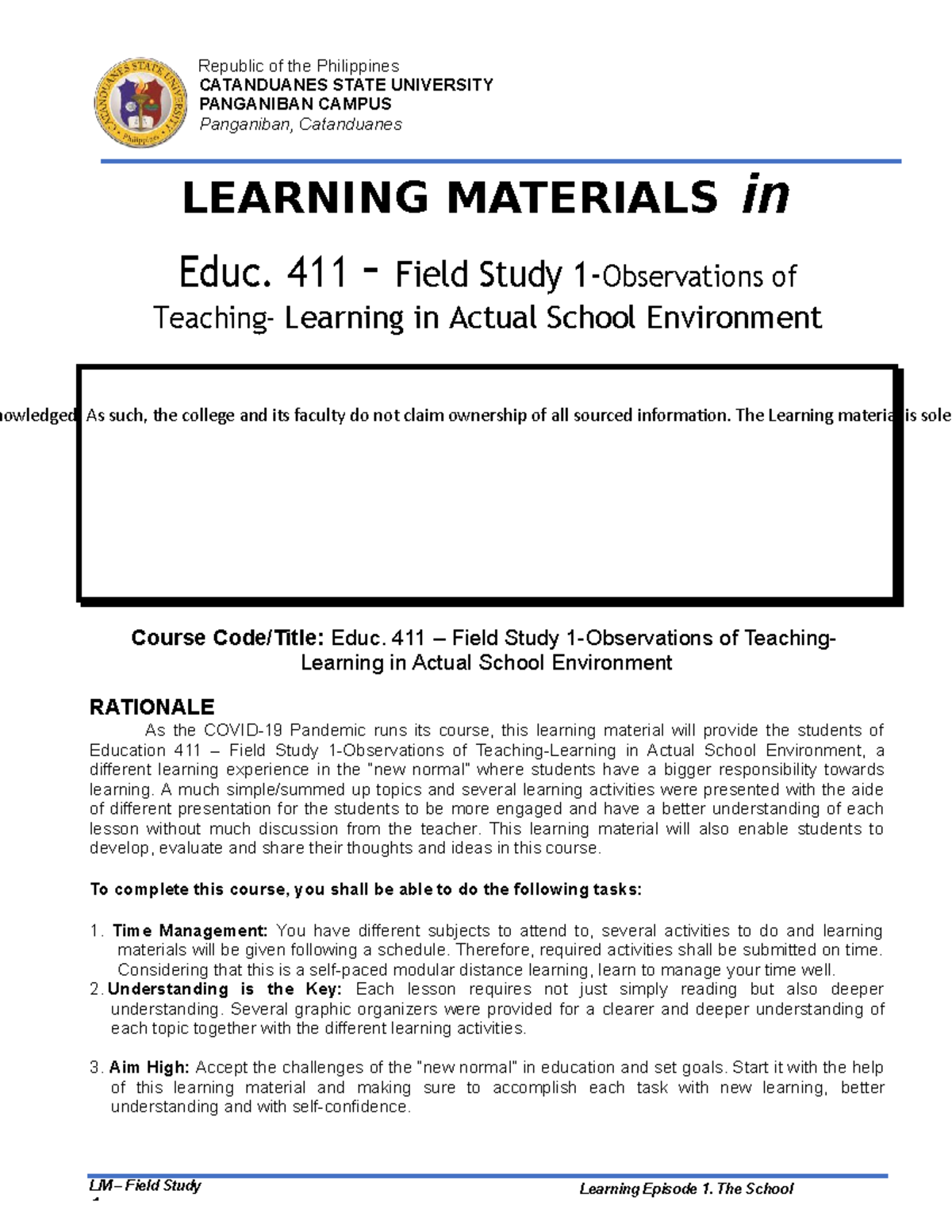 Lm 1 Field Study Learner Diversity Developmental Characteristics
