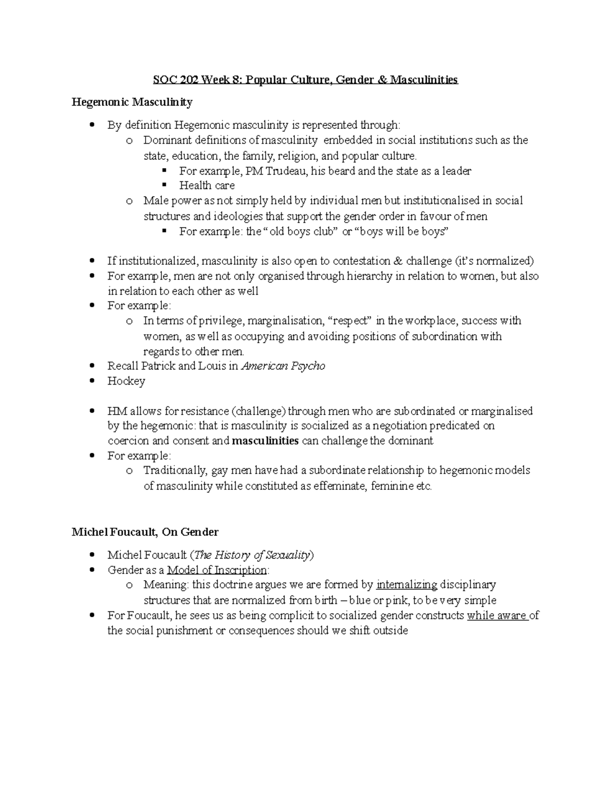Week 8 notes - SOC 202 Week 8: Popular Culture, Gender & Masculinities ...