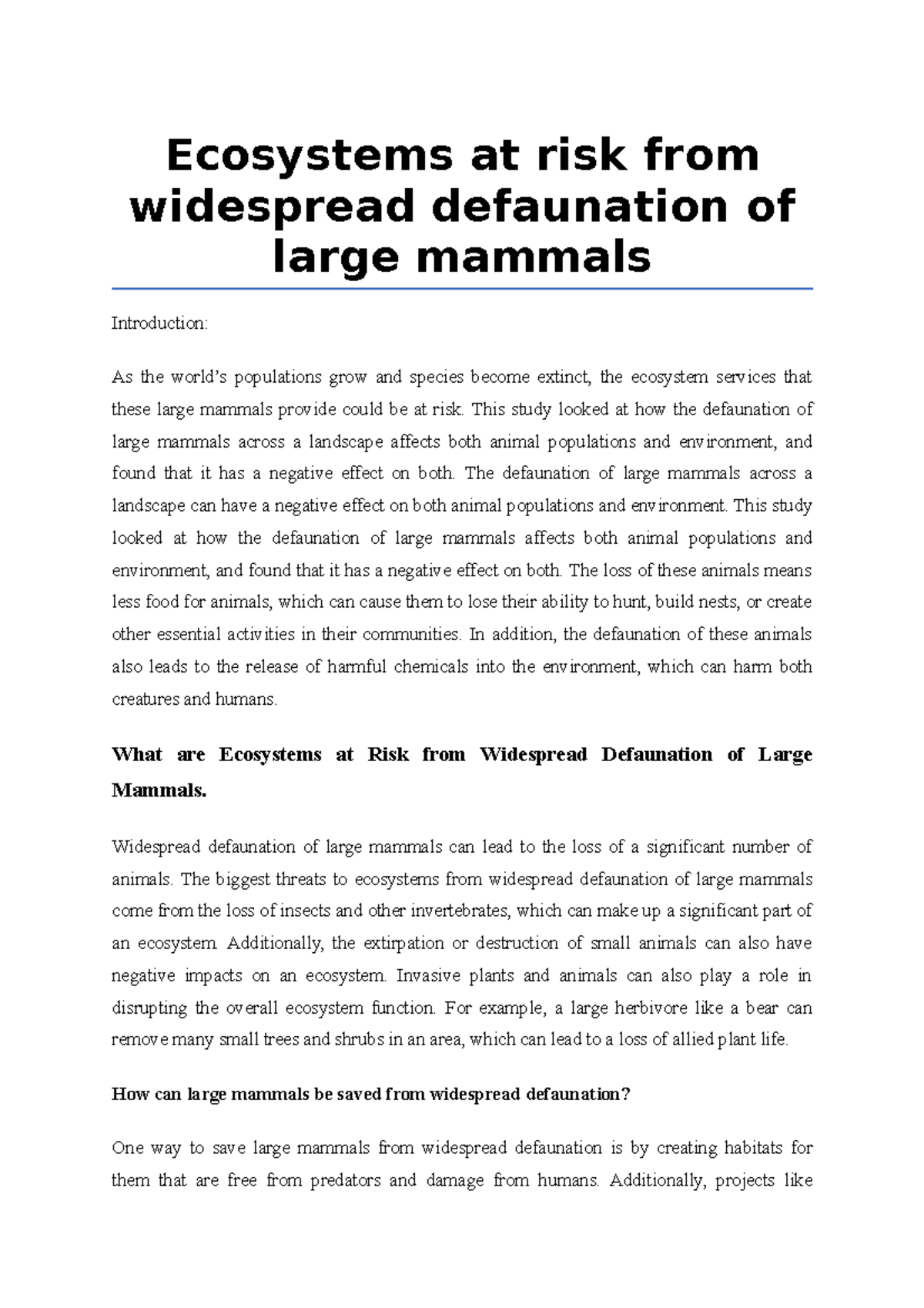 Ecosystems at risk from widespread defaunation of large mammals ...