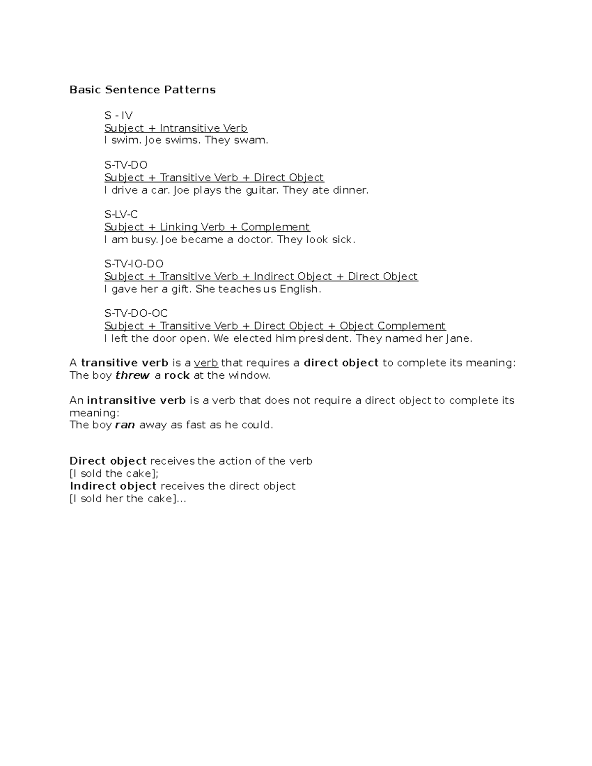 Basic Sentence Patterns Joe swims. They swam. STVDO Subject + Transitive Verb + Direct