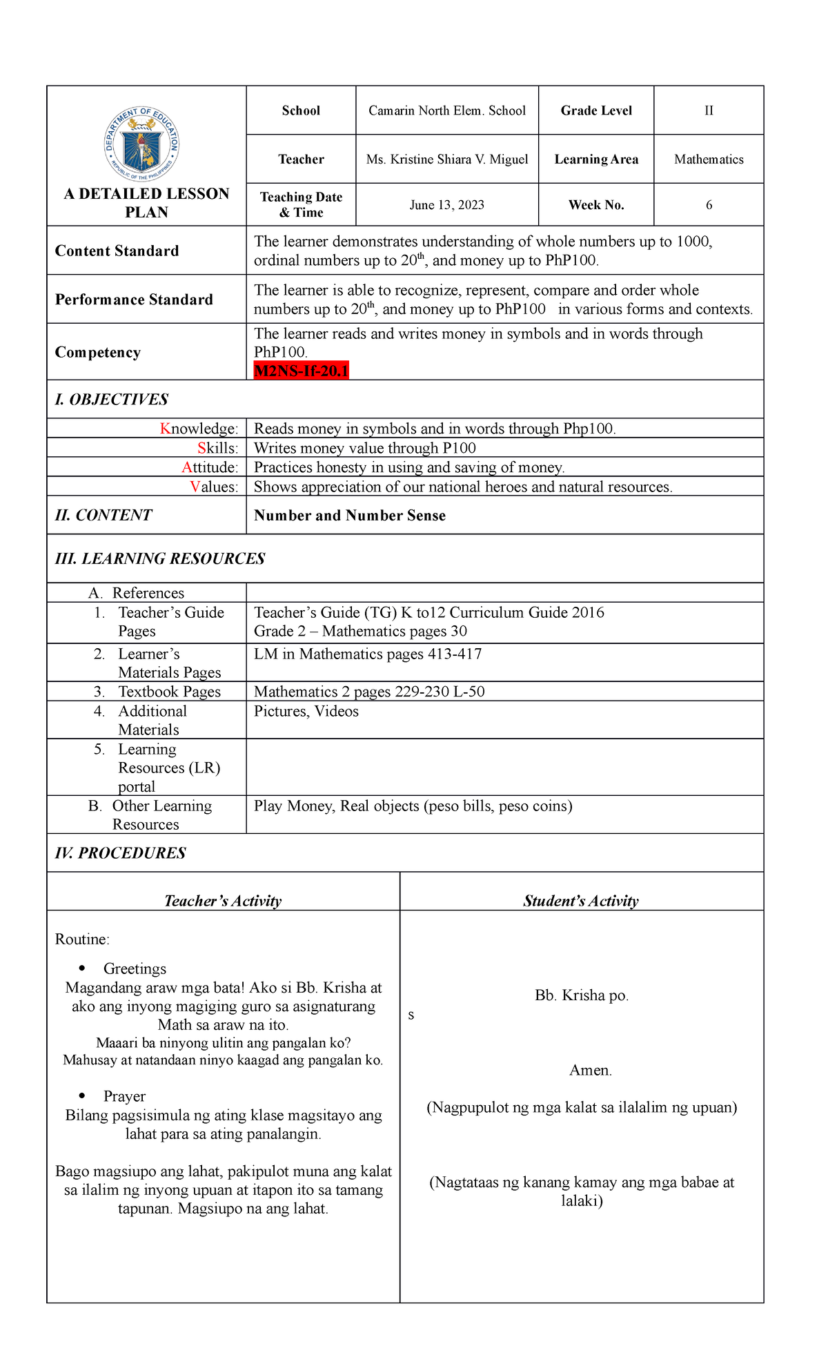 Detailed Lesson PLAN IN MATH 2 V2 - A DETAILED LESSON PLAN School ...