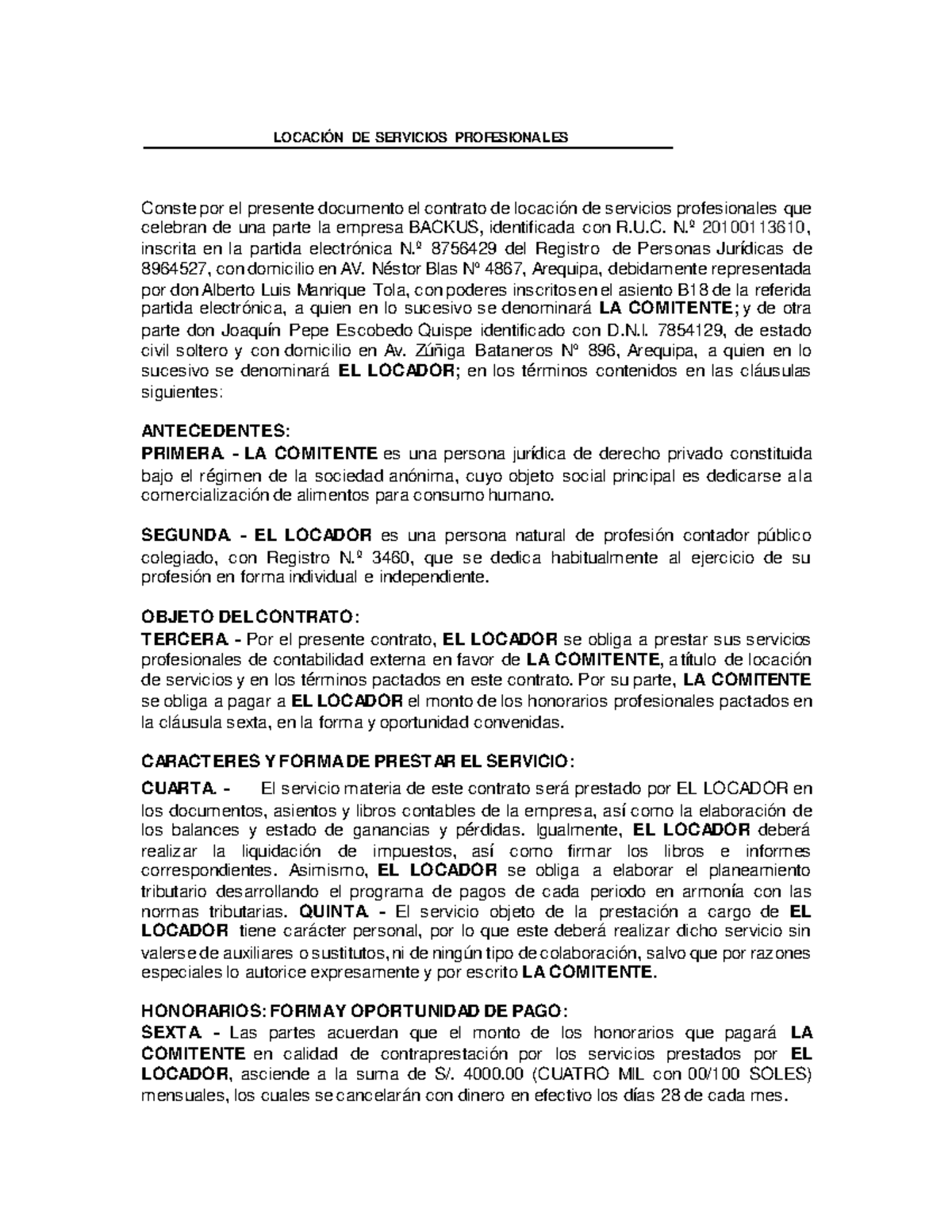 Ejemplo De Contratos - Ddddddd - LOCACIÓN DE SERVICIOS PROFESIONALES ...