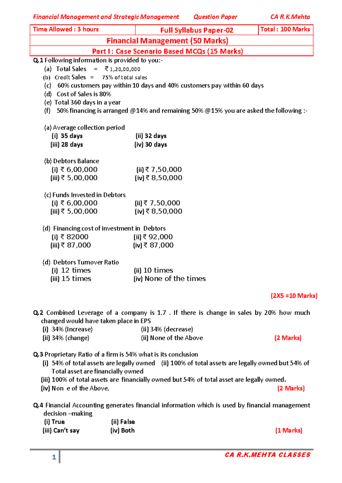 Fm sm full syllabus test paper 02 16 4 2024 - Time Allowed : 3 hours ...