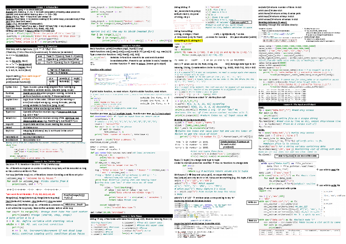 PA2 Cheatsheet 1 - Lesson 1: Introduction Data Types: type() to check ...