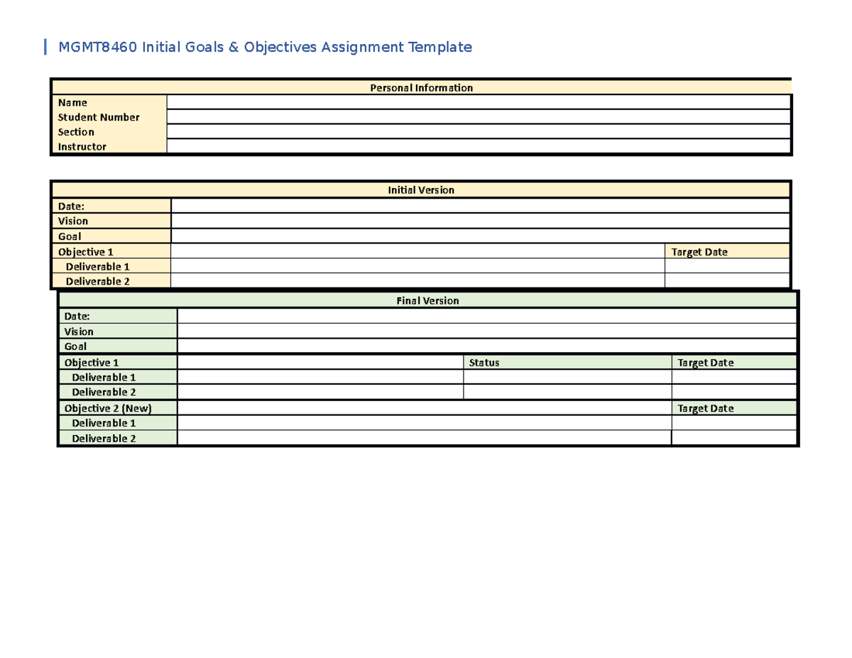 Goals And Objectives Template - Mgmt 3500 - Humber College - Studocu