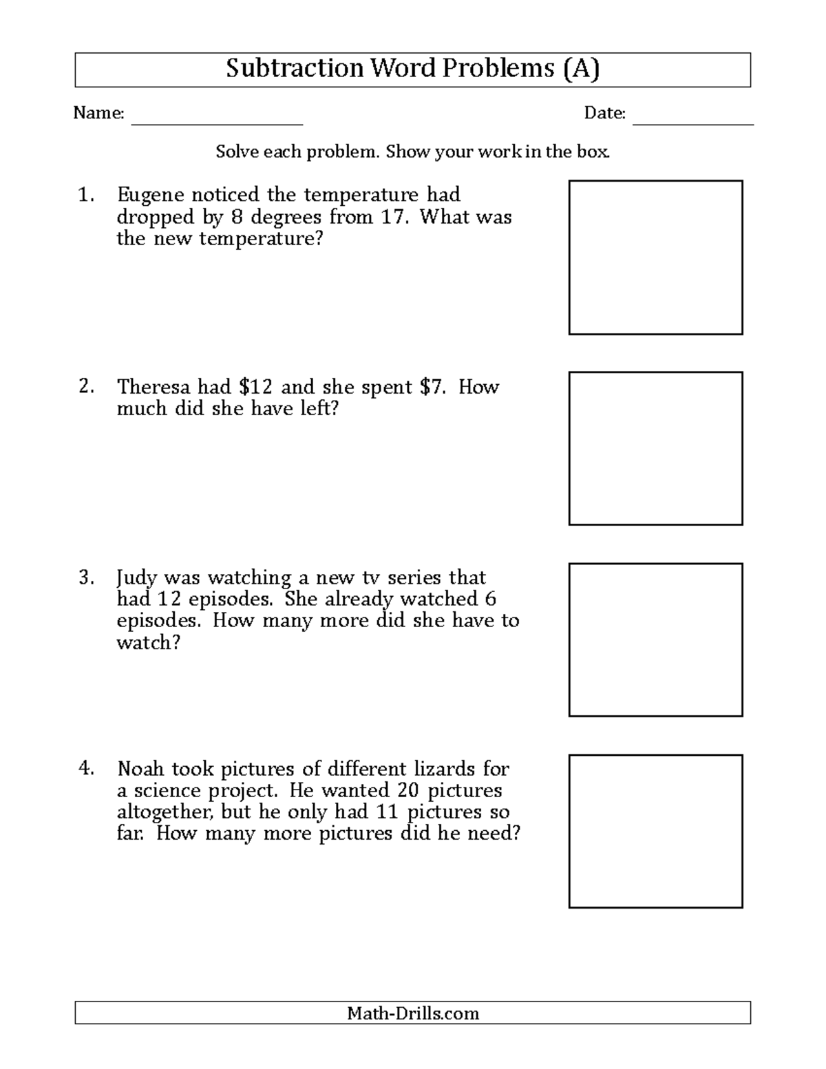 Math word problems subtraction facts 5to12 001 - Subtraction Word ...