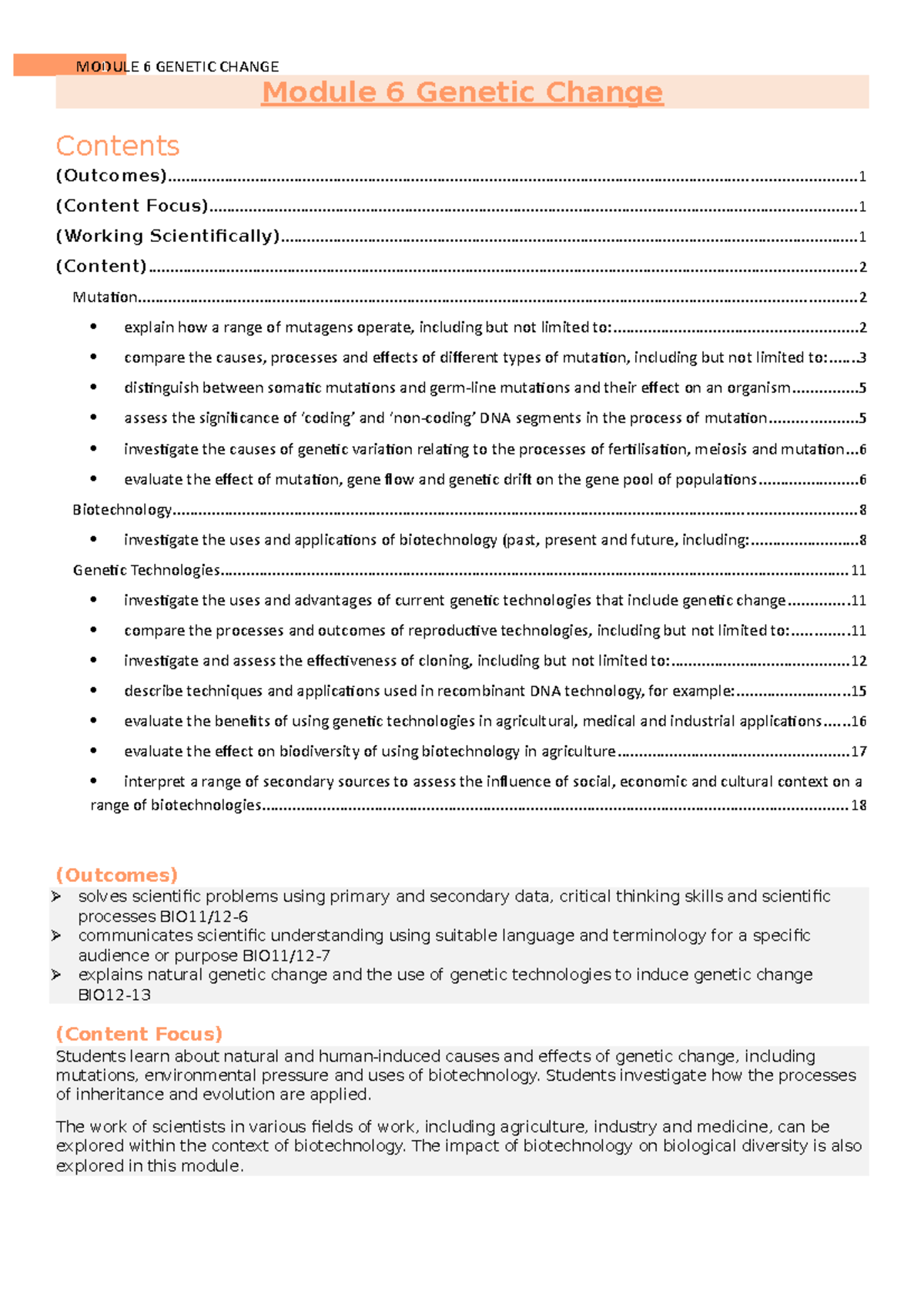 Biology Module 2 HSC Notes - Module 6 Genetic Change Contents (Outcomes ...