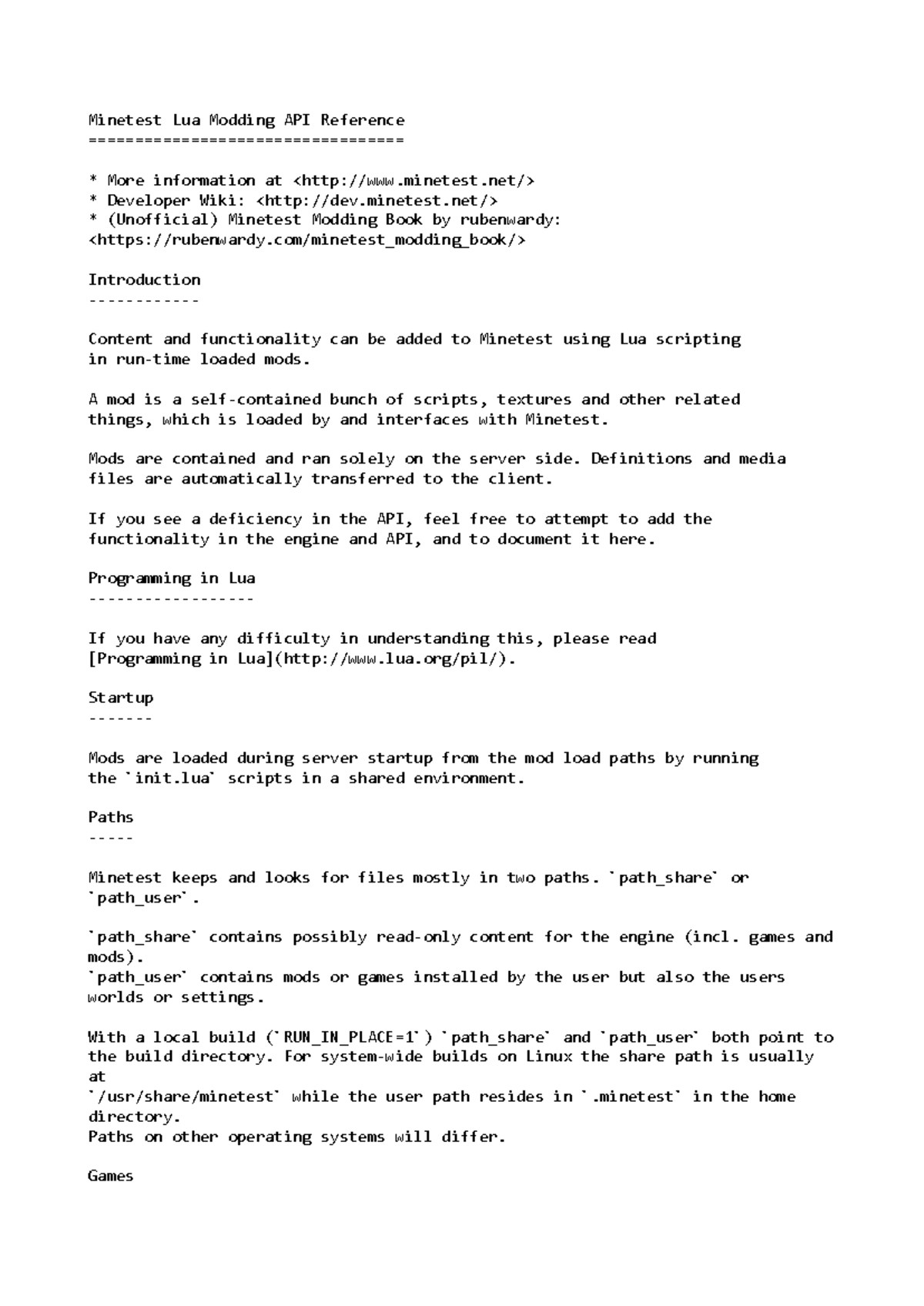 Lua api - minetest - Minetest Lua Modding API Reference More ...