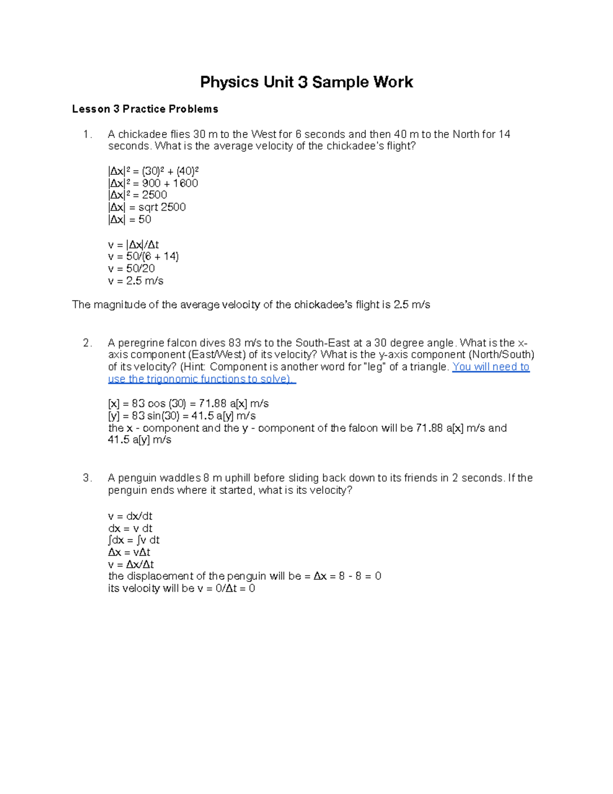 Physics Unit 3 Sample Work - Physics Unit 3 Sample Work Lesson 3 ...