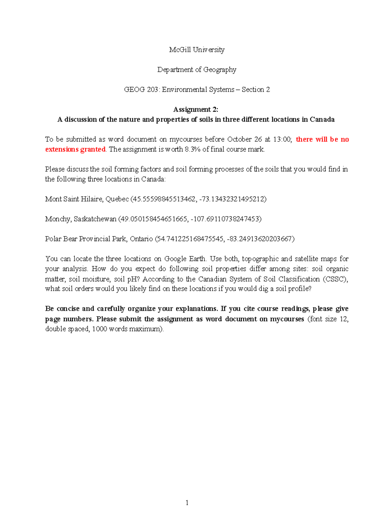 GEOG203 Assignment 2 McGill University Department of Geography GEOG 203 Environmental Systems