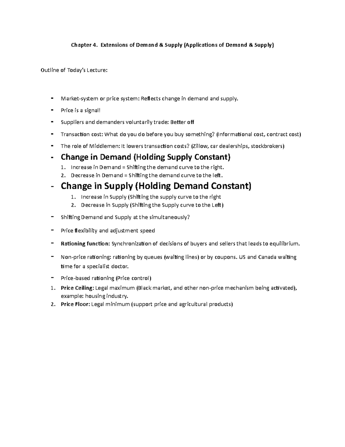 Chapter 4 Plan - Chapter 4. Extensions of Demand & Supply (Applications ...