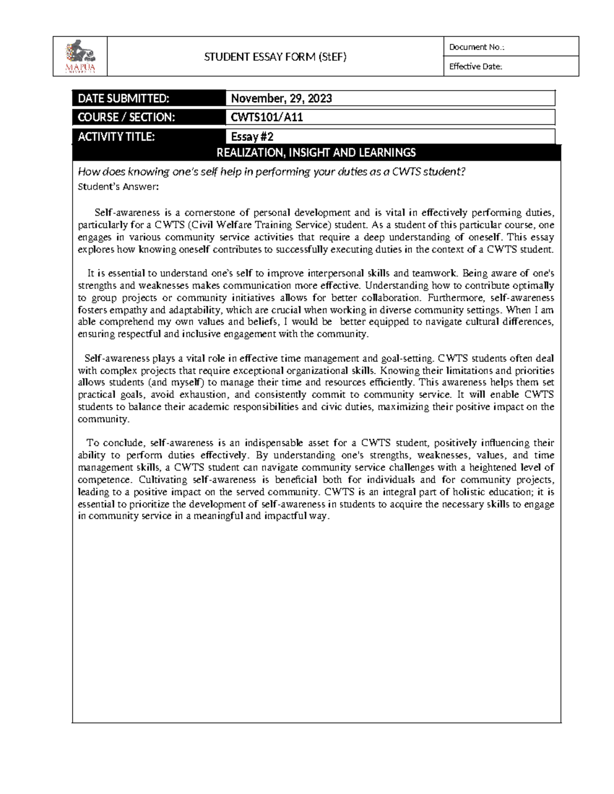 Form - CWTS101 Essay #2 - STUDENT ESSAY FORM (StEF) Document No ...