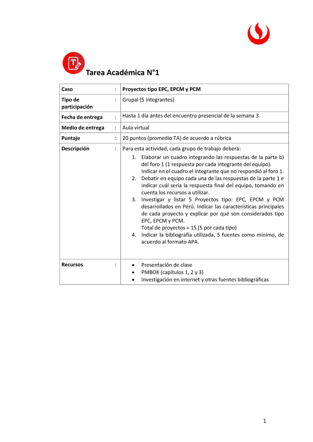 IP19 SEM2 Tarea Academica 1 - 1 Tarea Académica N° Caso : Proyectos ...