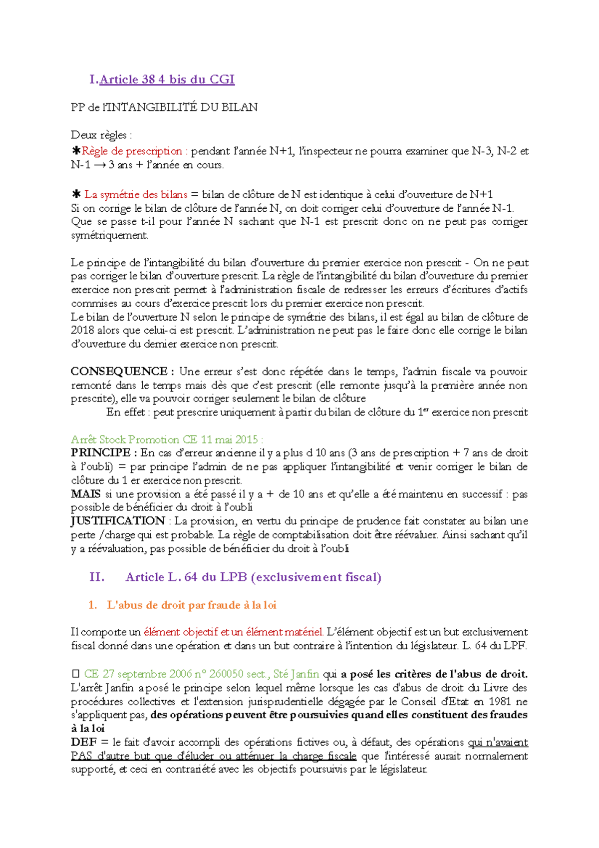 TD5 TD5 I. Article 38 4 bis du CGI PP de l’INTANGIBILITÉ DU BILAN Deux règles Règle de