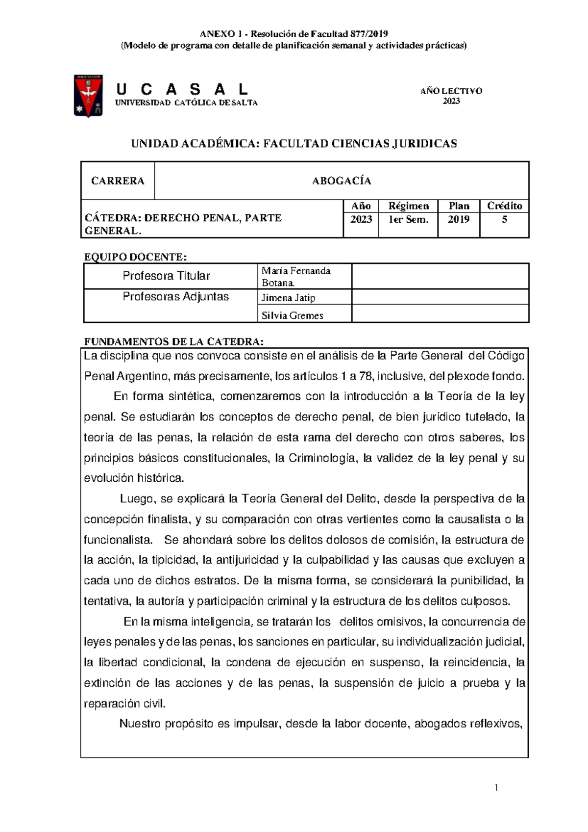 Programa Derecho Penal Parte General Catedra A 2023 - (Modelo De ...