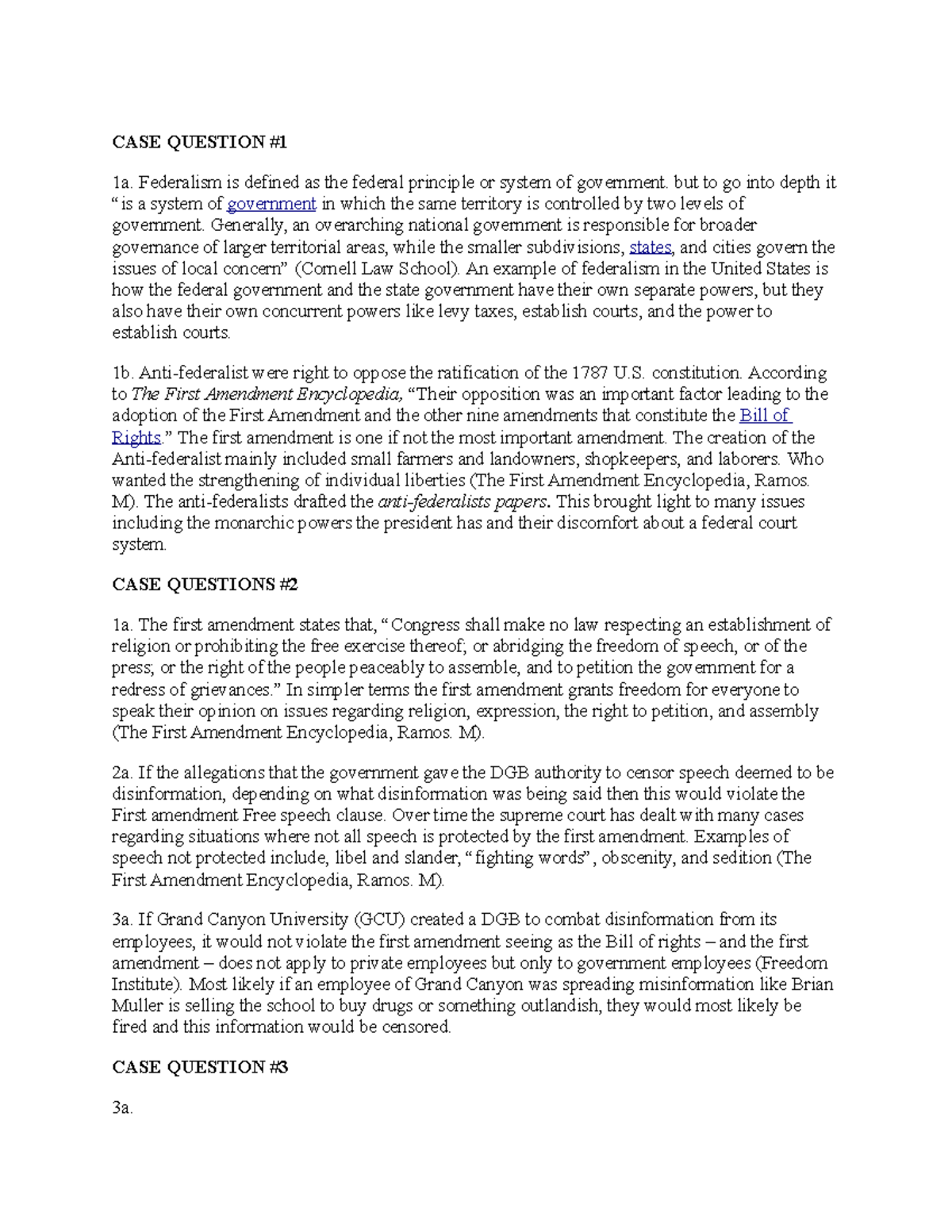 Case Questions ansn CASE QUESTION 1a. Federalism is defined as the