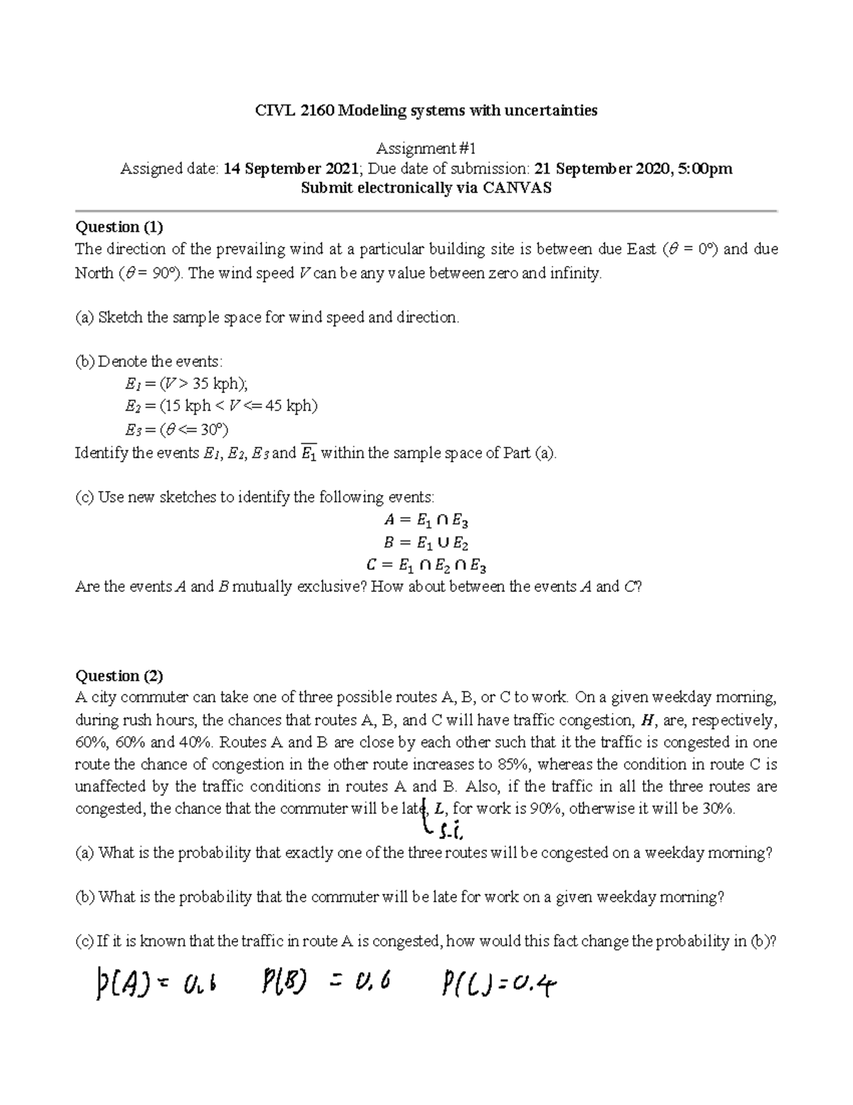 Assignment+1-2021F - ASSIGNMENT QUESTION - CIVL 2160 Modeling systems ...