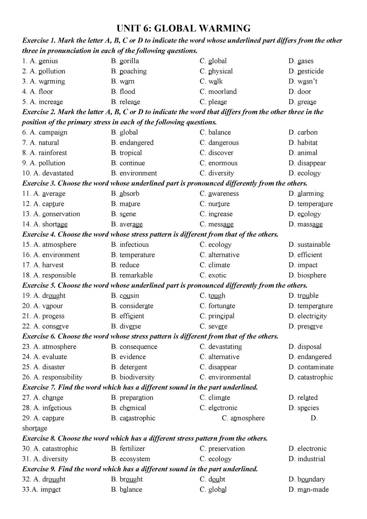 English-11 - sôs - UNIT 6: GLOBAL WARMING Exercise 1. Mark the letter A ...