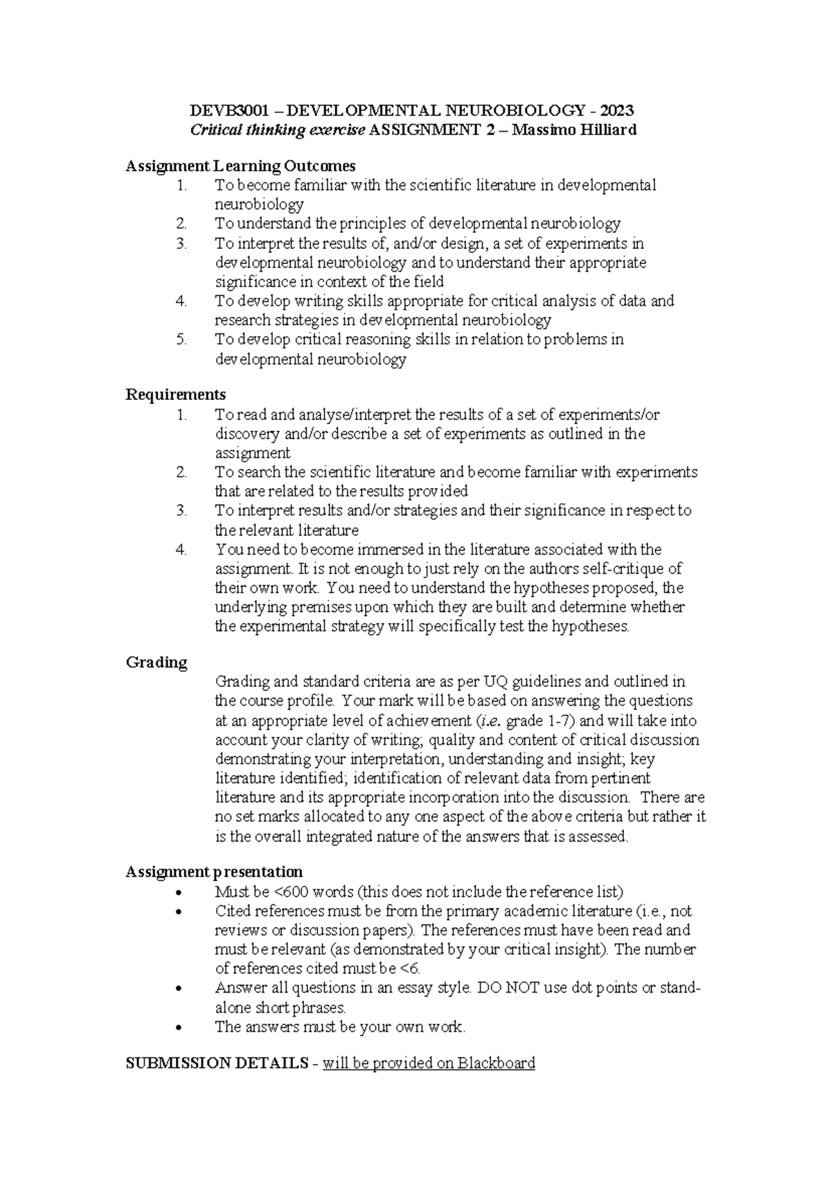 Assignment 2 2023 Hilliard - DEVB3001 – DEVELOPMENTAL NEUROBIOLOGY ...