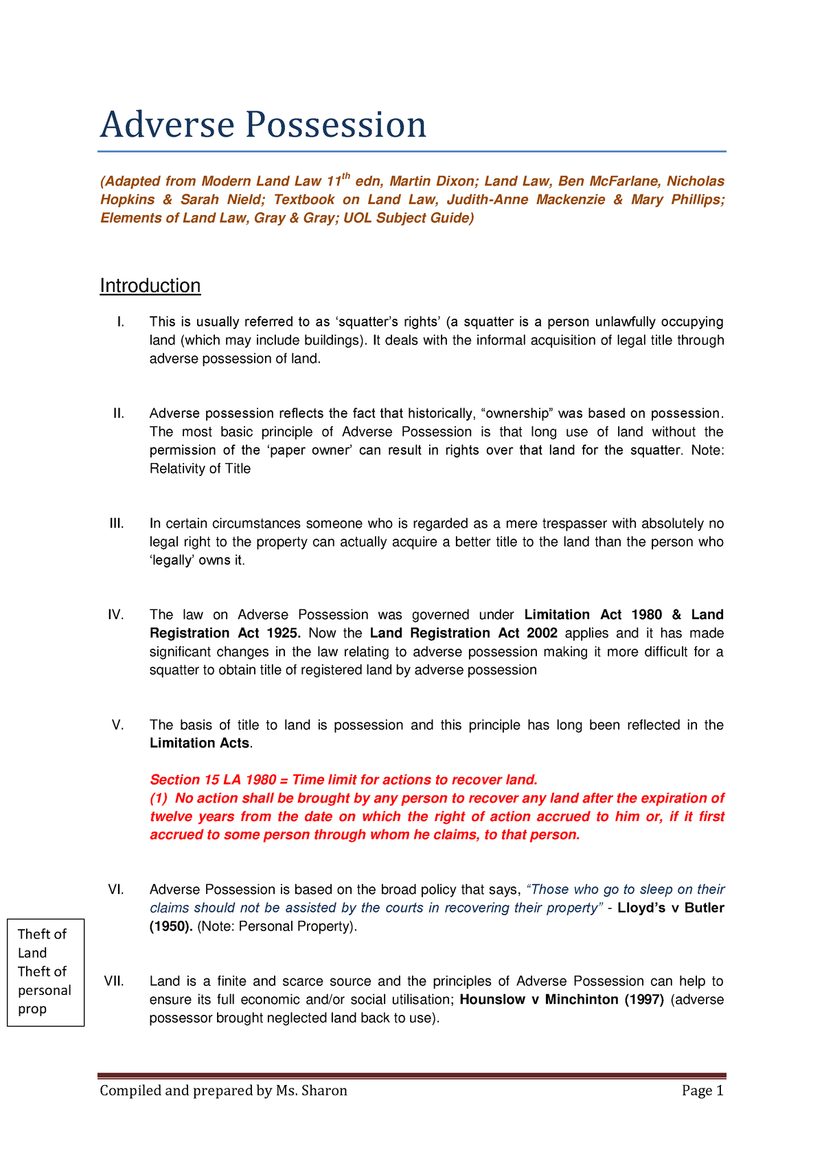 Lecture Adverse Possession - Adverse Possession (Adapted From Modern ...