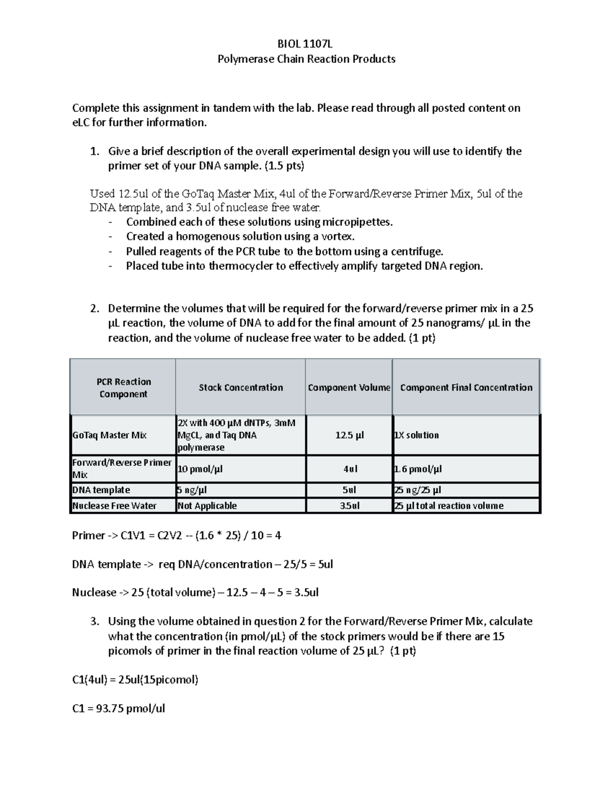 PCR lab bio PCR lab for bio 1107 BIOL 1107L Polymerase Chain