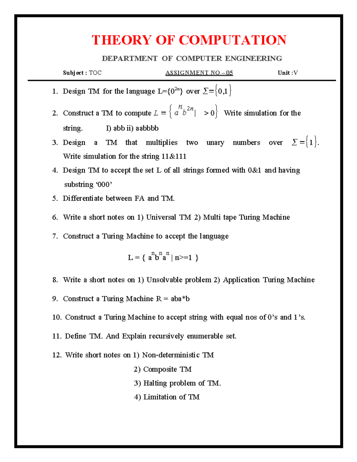 Toc assignment no 05 best a b n THEORY OF COMPUTATION DEPARTMENT