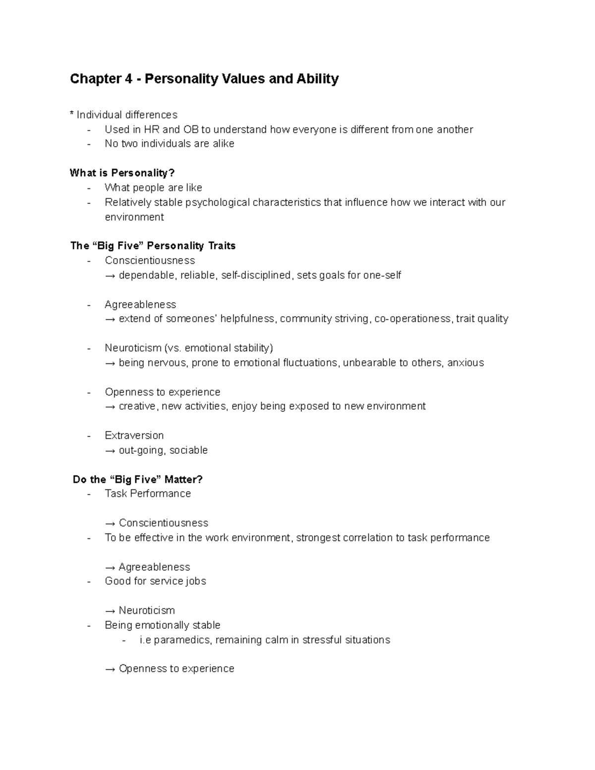 ADM 2336 CHP 4 - Lecture notes 2 - Chapter 4 - Personality Values and ...