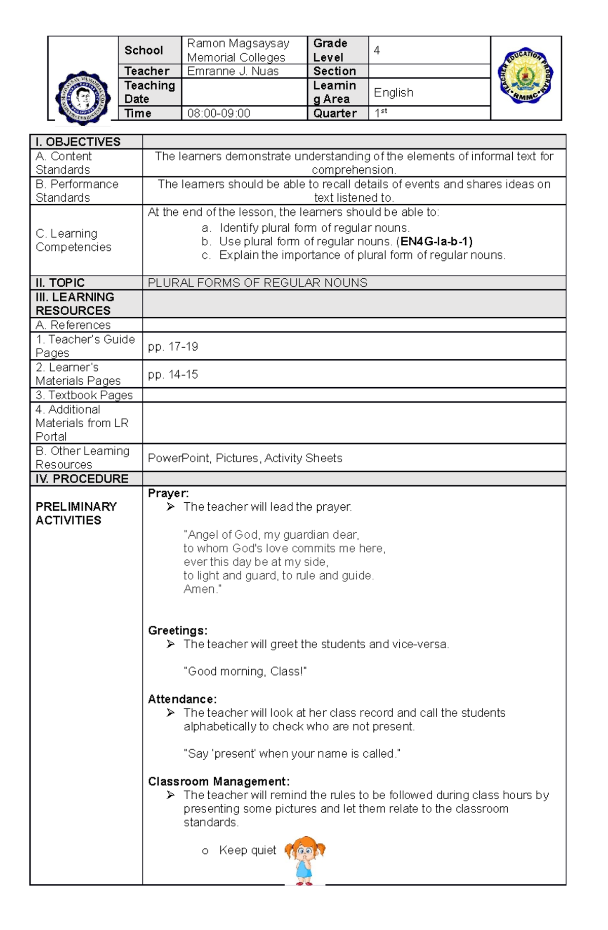 English LP - Lesson Plan - School Ramon Magsaysay Memorial Colleges ...