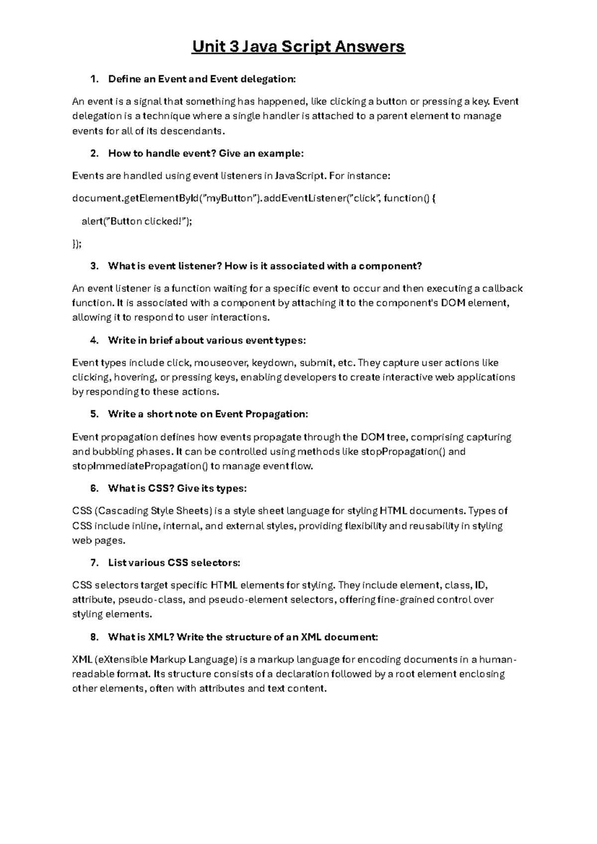 Unit 3 JS Answers - Notes - Define an Event and Event delegation: An ...