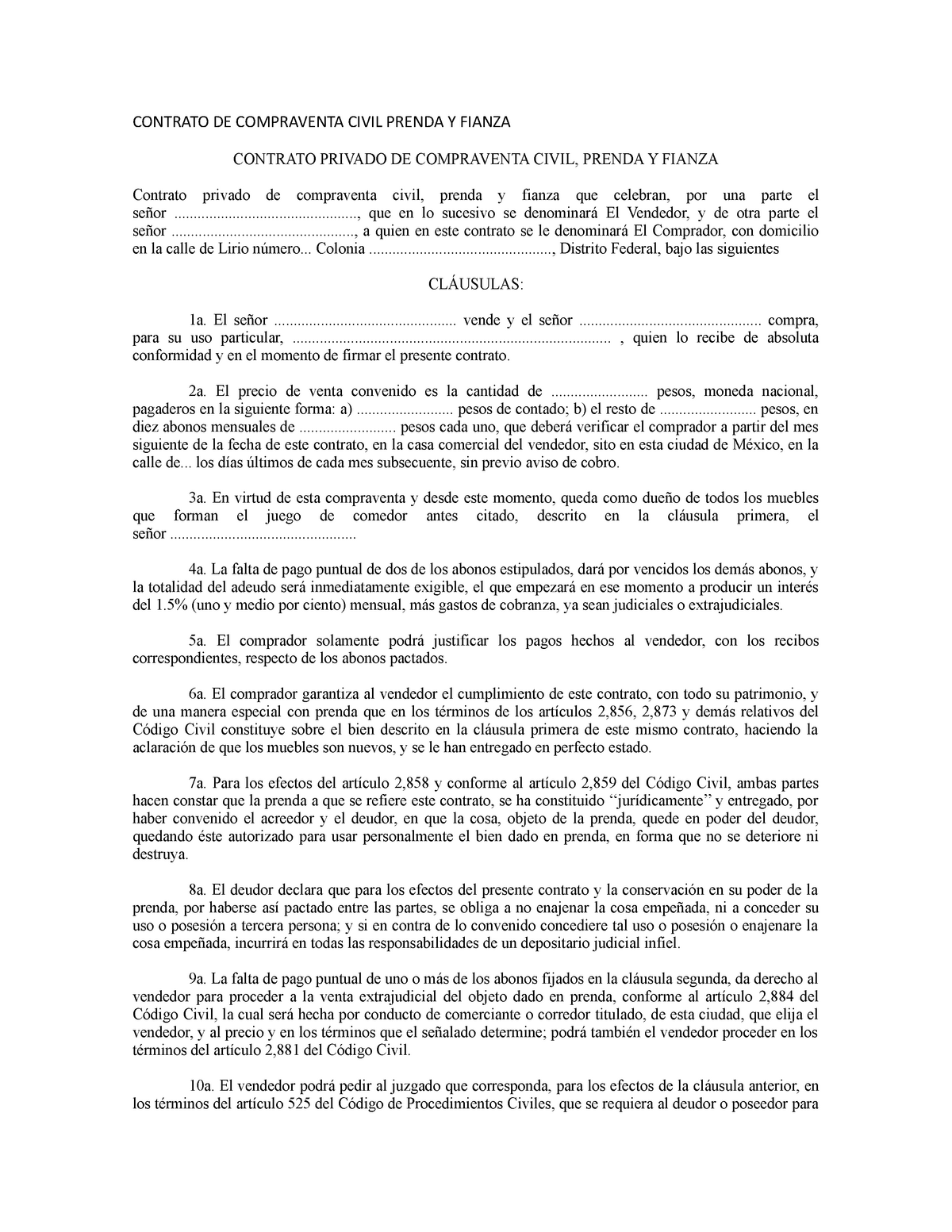 Contrato DE Compraventa Civil Prenda Y Fianza CONTRATO DE