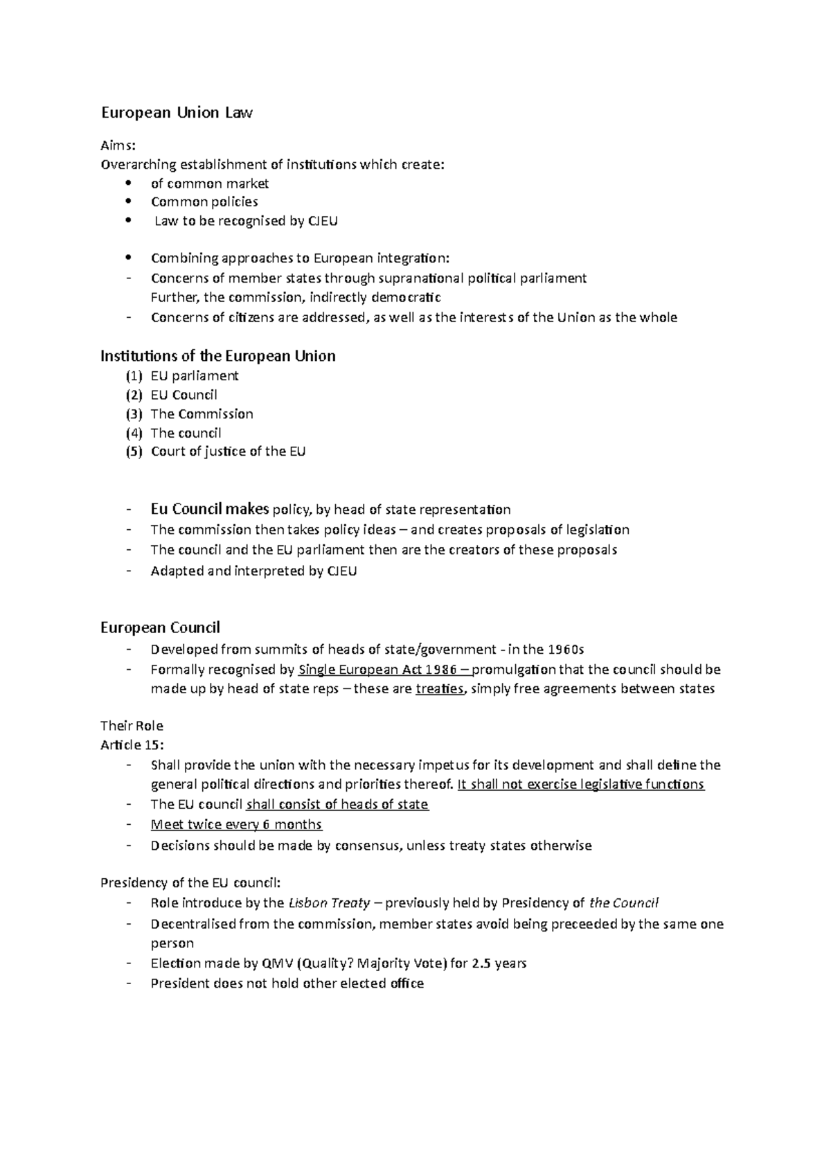 EU Creation-EU Law - Lecture notes 11-14 - European Union Law Aims ...