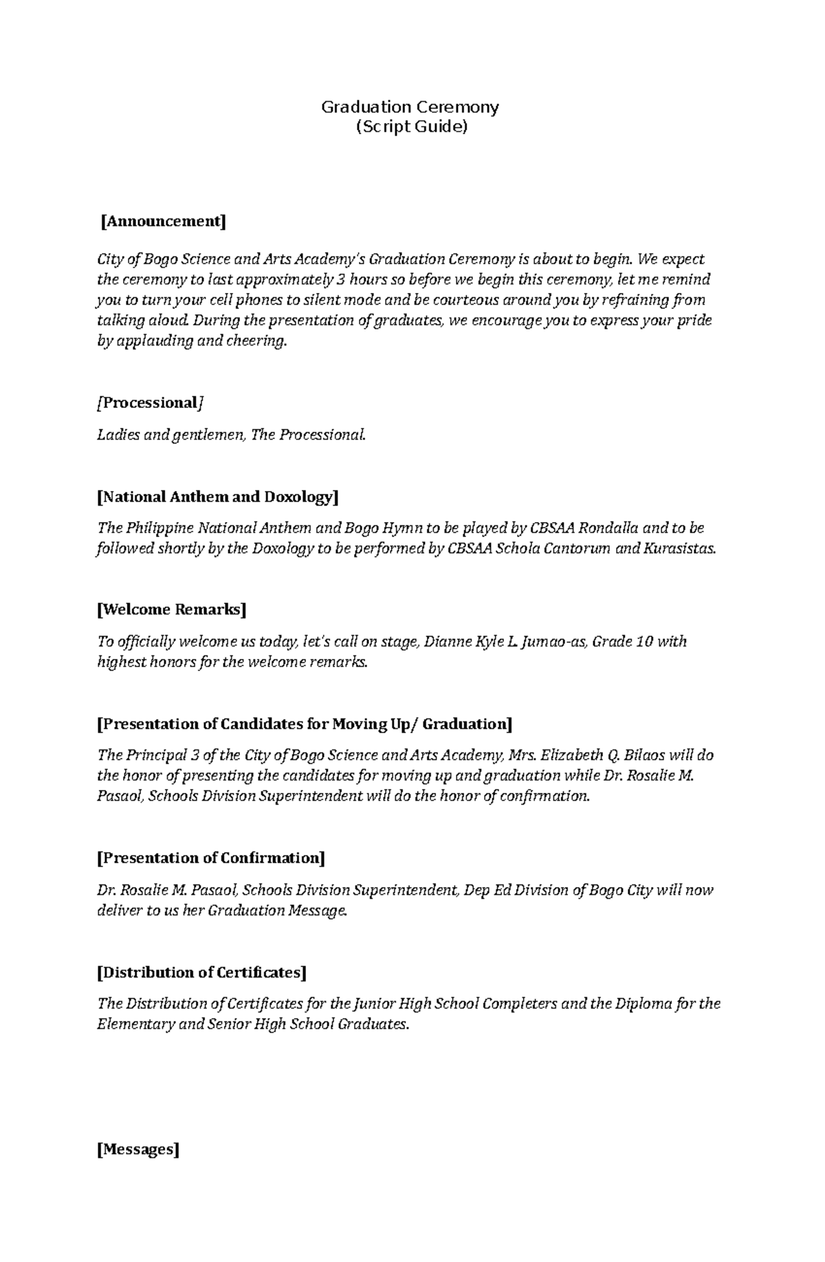 Graduation Ceremony Final Script - Graduation Ceremony (Script Guide 