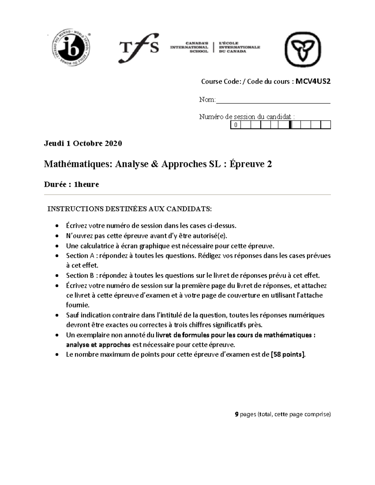 Épreuve 2 Oct 2020 N5 - IB Paper 2 - Course Code: / Code du cours ...