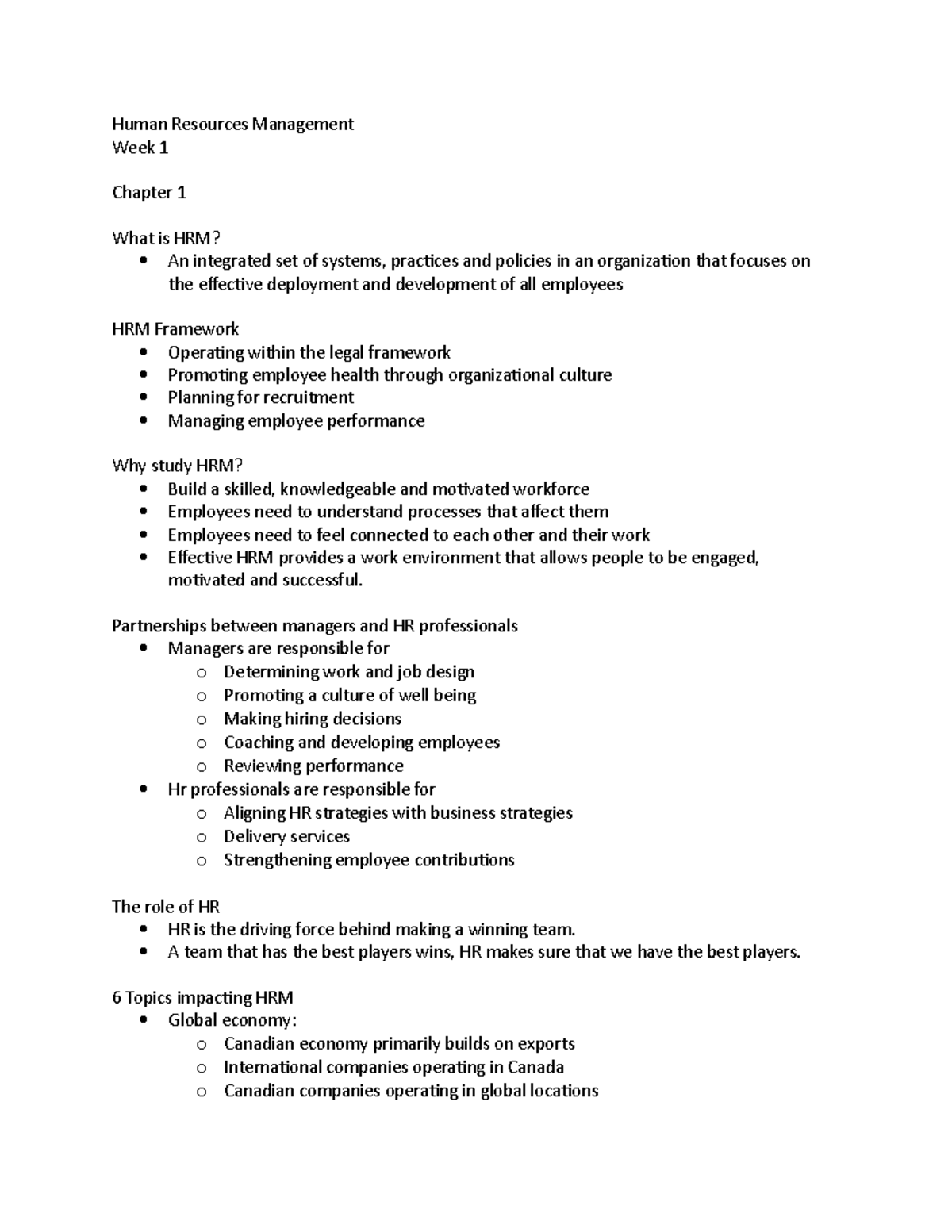 Week 1 - Lecture notes 1 - Human Resources Management Week 1 Chapter 1 ...