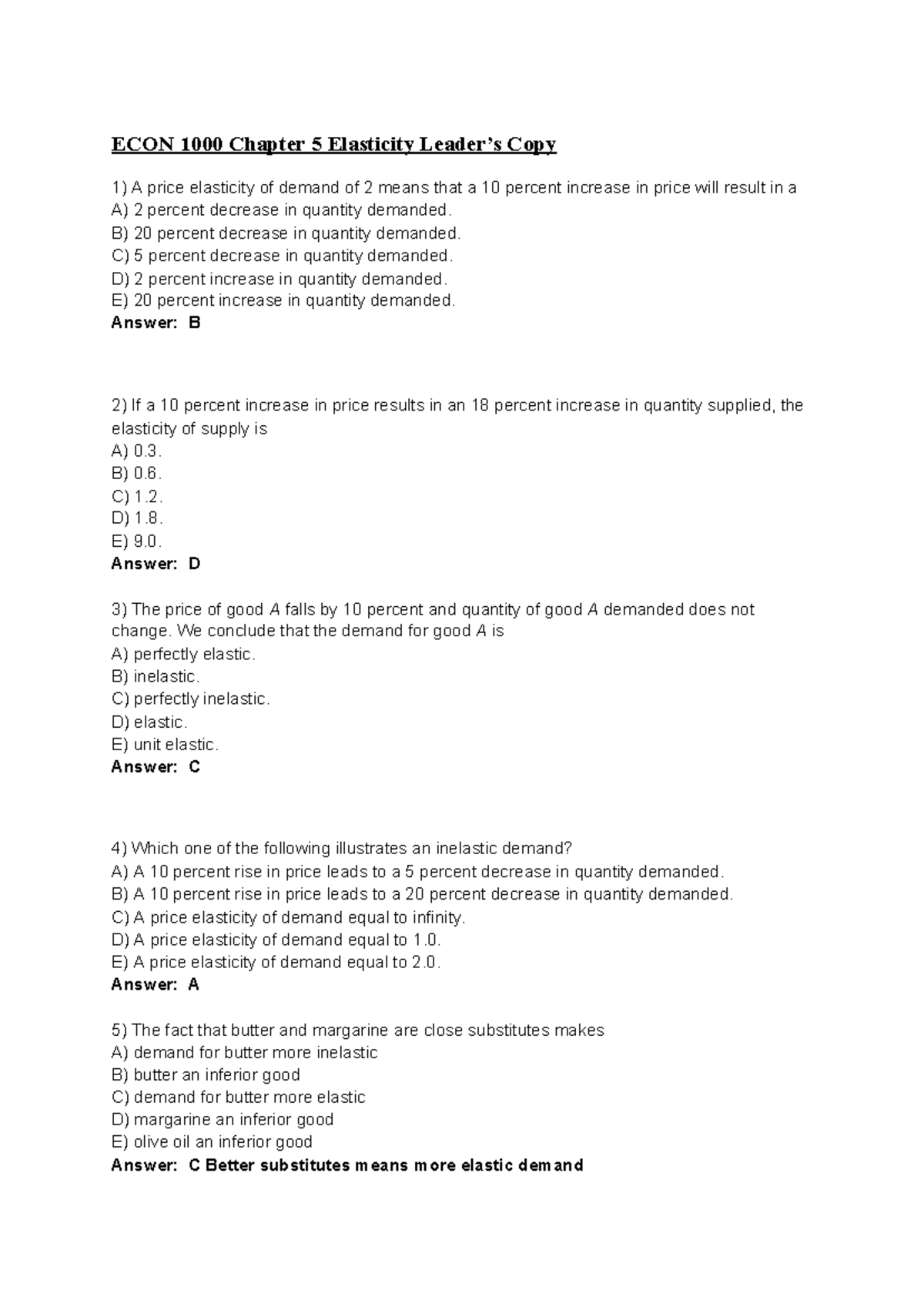 Econ 1000 Ch 5 Elasticity Econ 1000 Introduction To Micro Studocu