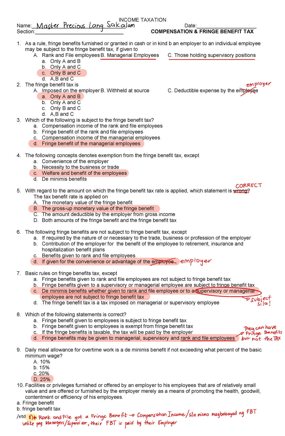 Compensationandfringebenefitstaxpractice - /etd INCOME TAXATION - Studocu