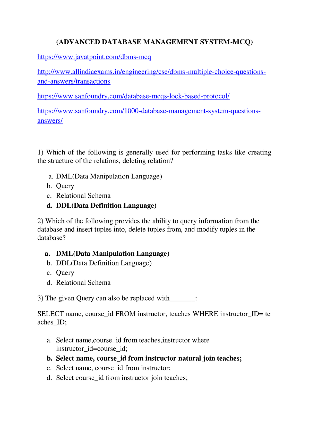 DBMS Questions - Kkkkk - (ADVANCED DATABASE MANAGEMENT SYSTEM-MCQ ...