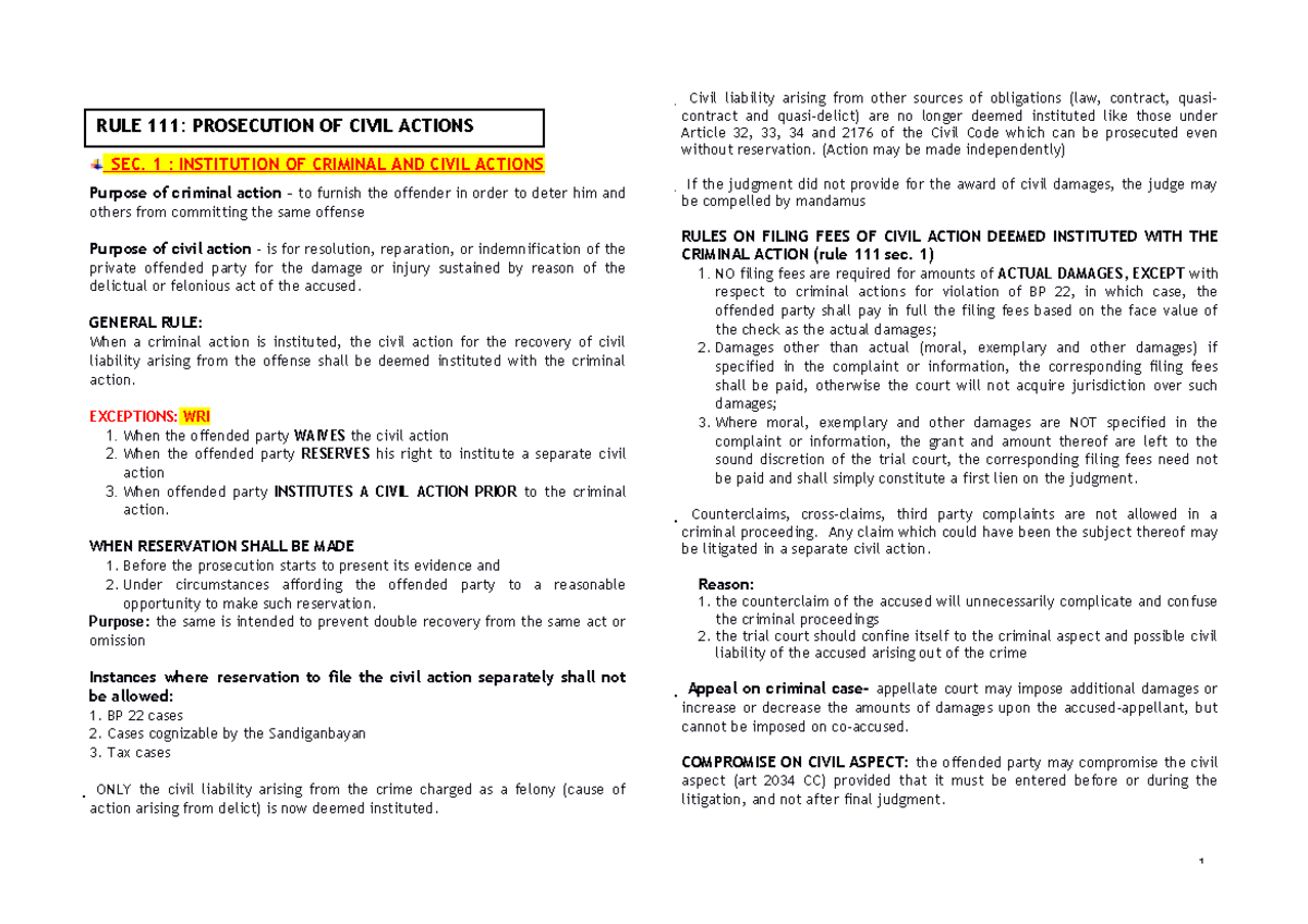 RULE 111 CIVIL AND CRIMINAL ACTIONS - SEC. 1 : INSTITUTION OF CRIMINAL ...