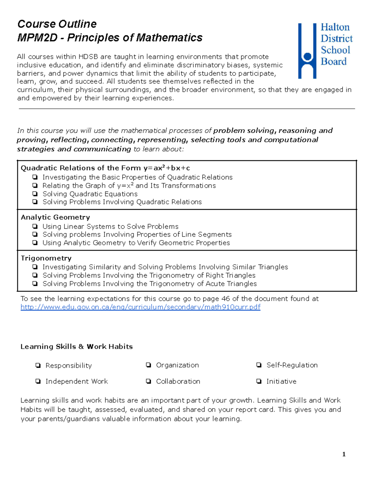 MPM2D Revised Course Outline - 2017 - Course Outline MPM2D - Principles ...