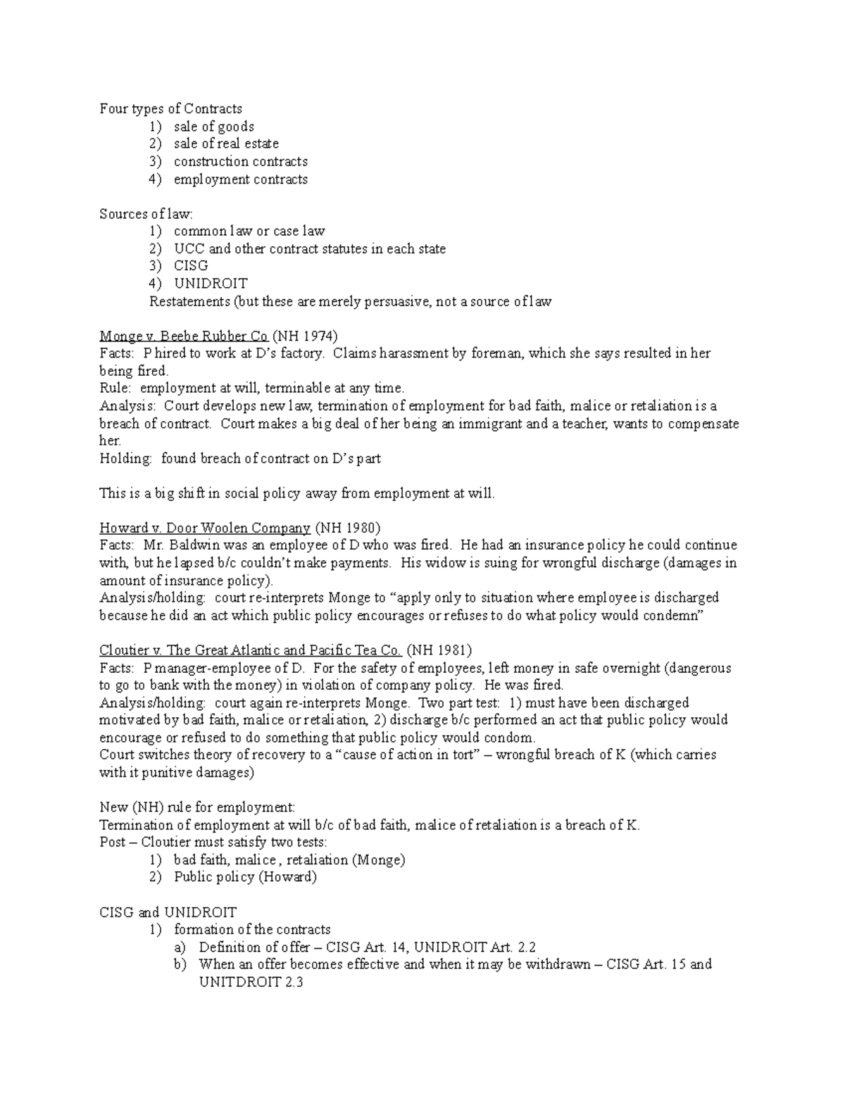 Contracts Law Outline - 1 - Four types of Contracts 1) sale of goods 2 ...