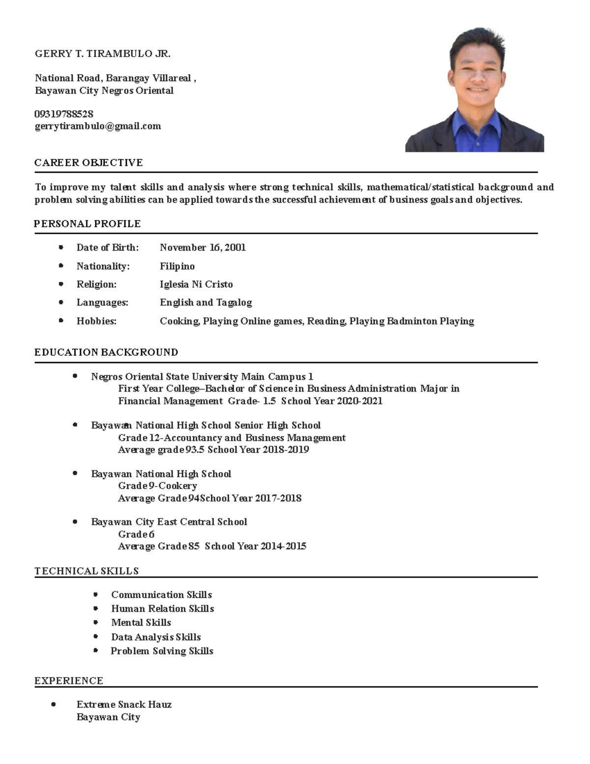 Gerry Resume for BA 201 Activity 1 - GERRY T. TIRAMBULO JR. National ...