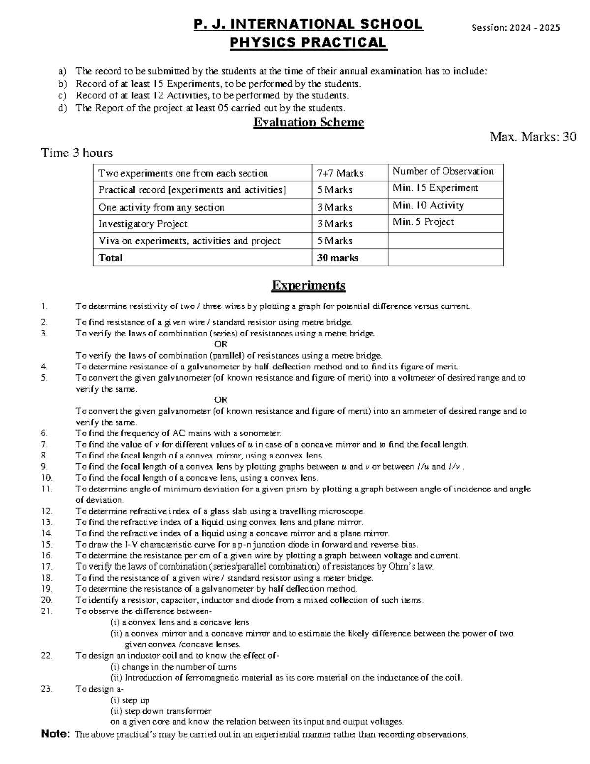 1 Physics Practical List for Practical - P. J. INTERNATIONAL SCHOOL ...