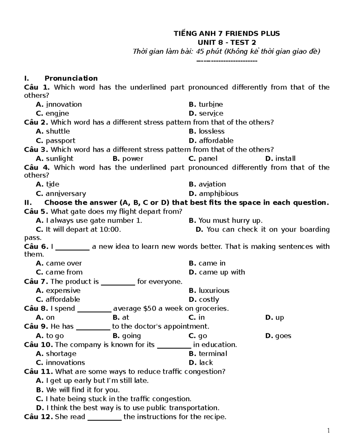 Tieng Anh 7 Friends Plus Unit 8 Test 2 TIẾNG ANH 7 FRIENDS PLUS UNIT 8 TEST 2 Thời gian làm