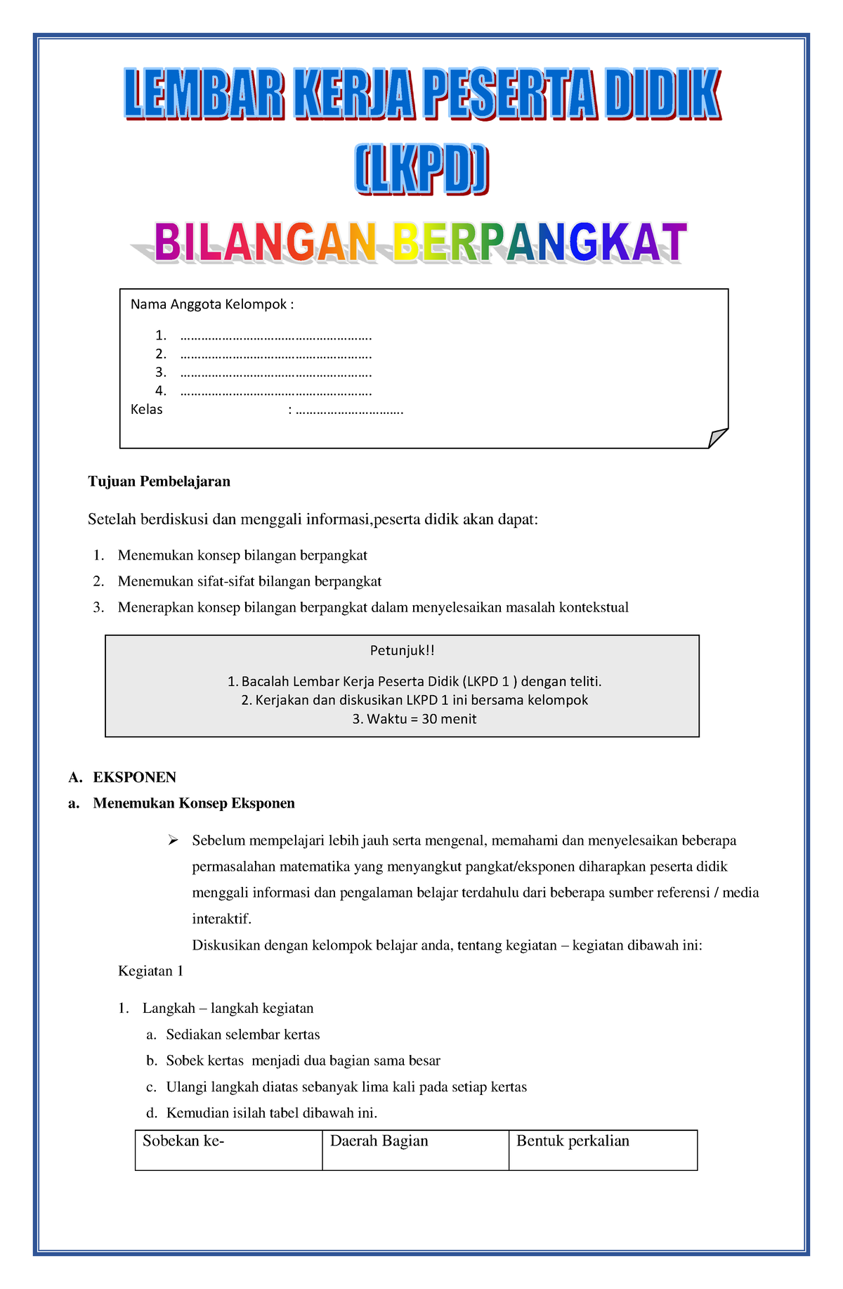 LKPD 1 Bilangan Berpangkat - Tujuan Pembelajaran Setelah Berdiskusi Dan ...