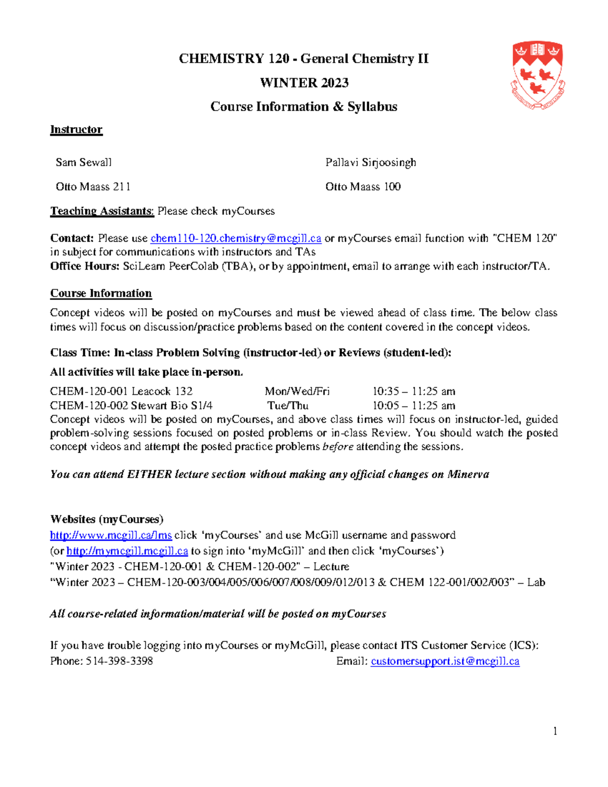 120 Course Information and Syllabus Winter 2023 - CHEMISTRY 120 ...